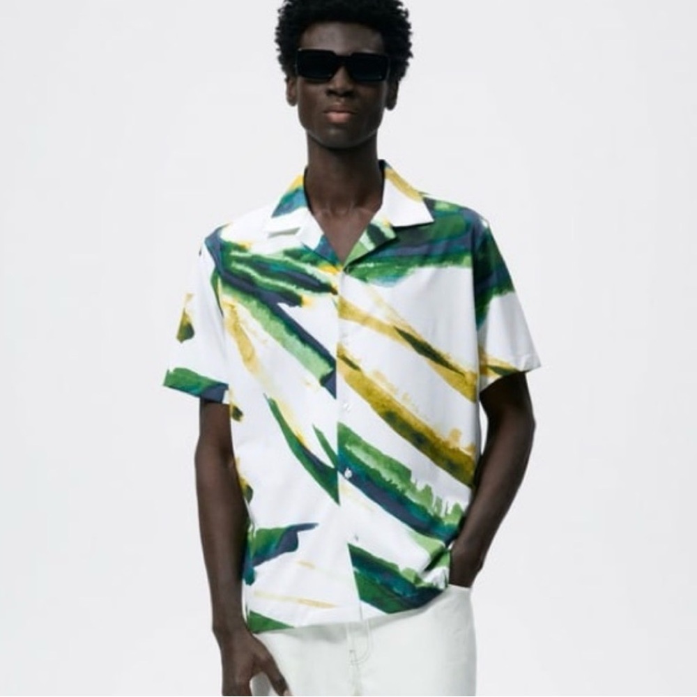 Zara Watercolor Print Button-Up Shirt - Green, Blue & Gold Accents